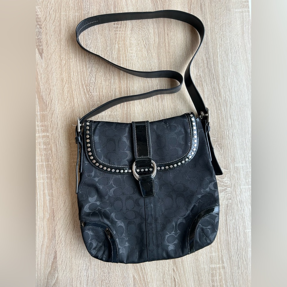 COACH F12852 Black Metallic Signature C Studded Flap Shoulder Crossbody Bag